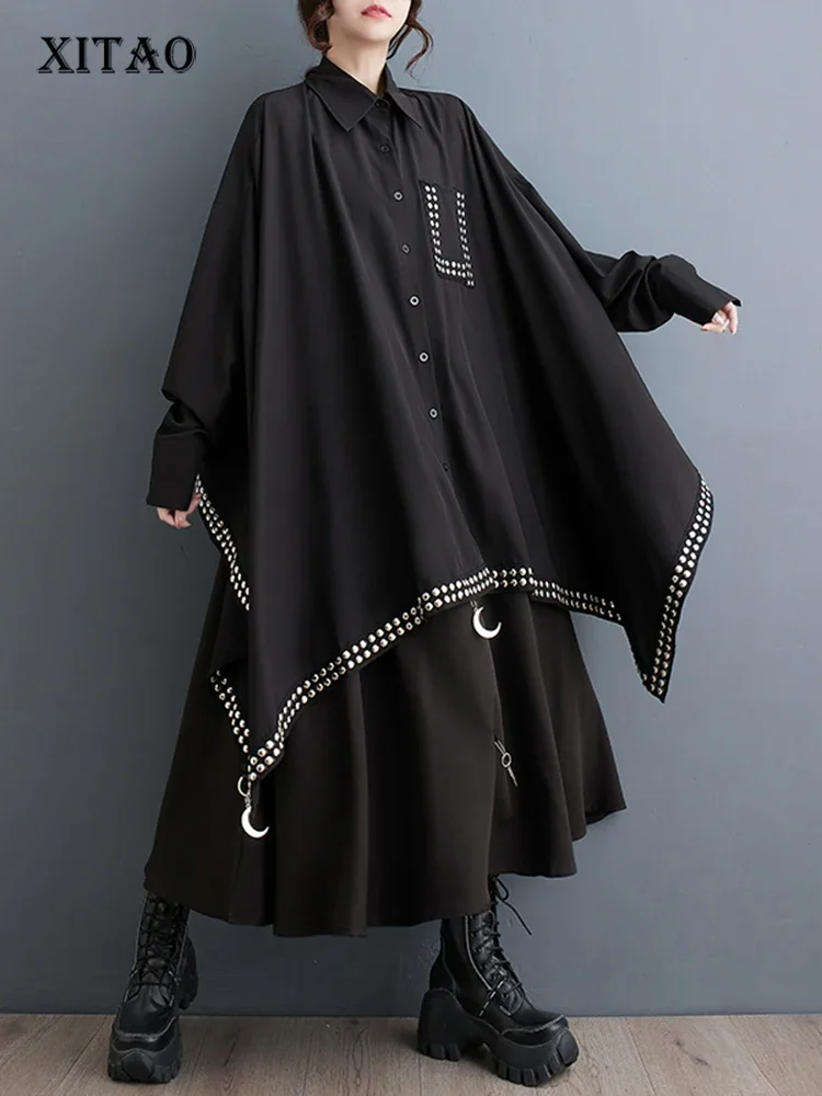 

XITAO Rivet Decoration Shirt Bat Wing Sleeve Asymmetrical Women Personality Casual Loose Top Spring New Street Trendy DMJ4025