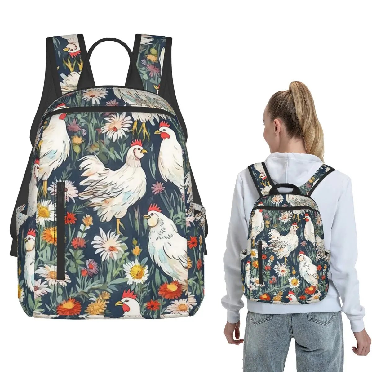 

Rural Chicken Floral Design Backpack Large Capacity Kids BookBag School Bag Shoulder Bags for Men Women