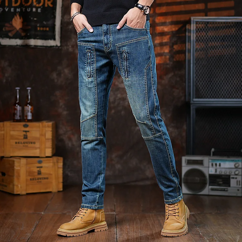 Motorcycle jeans men's patchwork design trendy and fashionable slim fit small leg pants zipper technology retro men's clothing