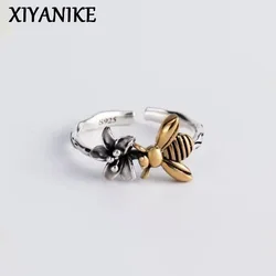 XIYANIKE Vintage Thai Silver Bee Flower Cuff Finger Rings For Women Girl Elegant Fashion New Jewelry Gift Party anillos mujer