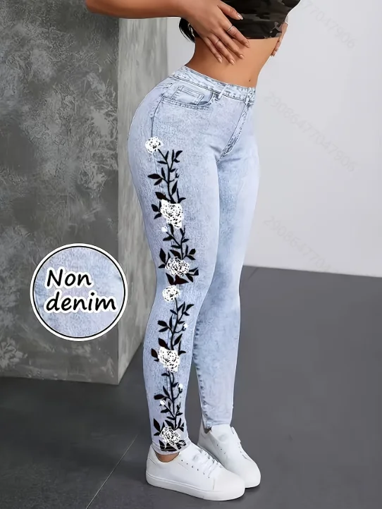 High waisted slim fitting imitation denim pants with stretch, tight fit, slimming and versatile women's casual shorts