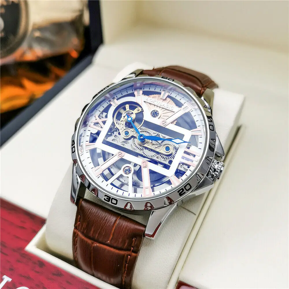 

Luxury Brand Men's Single Bridge Automatic Self Wind Mechanical Wristwatch Hollow Luminous Waterproof Casual Watch Leather Strap