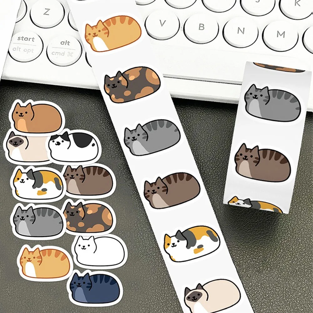 Cute Kitty Sticker Roll (500 Sheets) Decals for Planner Decoration, Envelope Sealing & Aesthetic Notebook Crafts