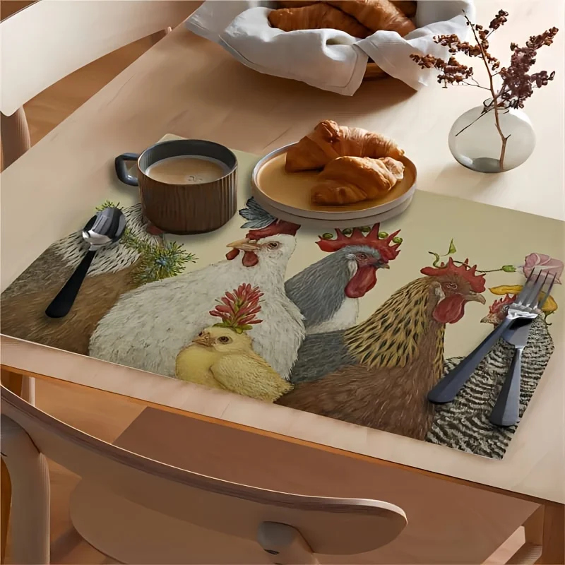 1pc Placemats, Square Rustic Farmhouse Table Pads, Rooster Pattern Table Decoration Mat, Coffee Table Mat, Household Bowl Plate