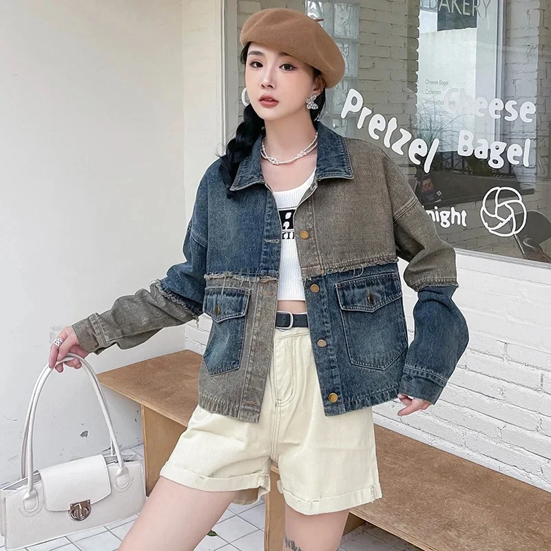 Women's Denim Jacket 2025 Spring Autumn New Design Sense Casual Jeans Coat Small Fragrant Style Retro Patchwork Denim Top
