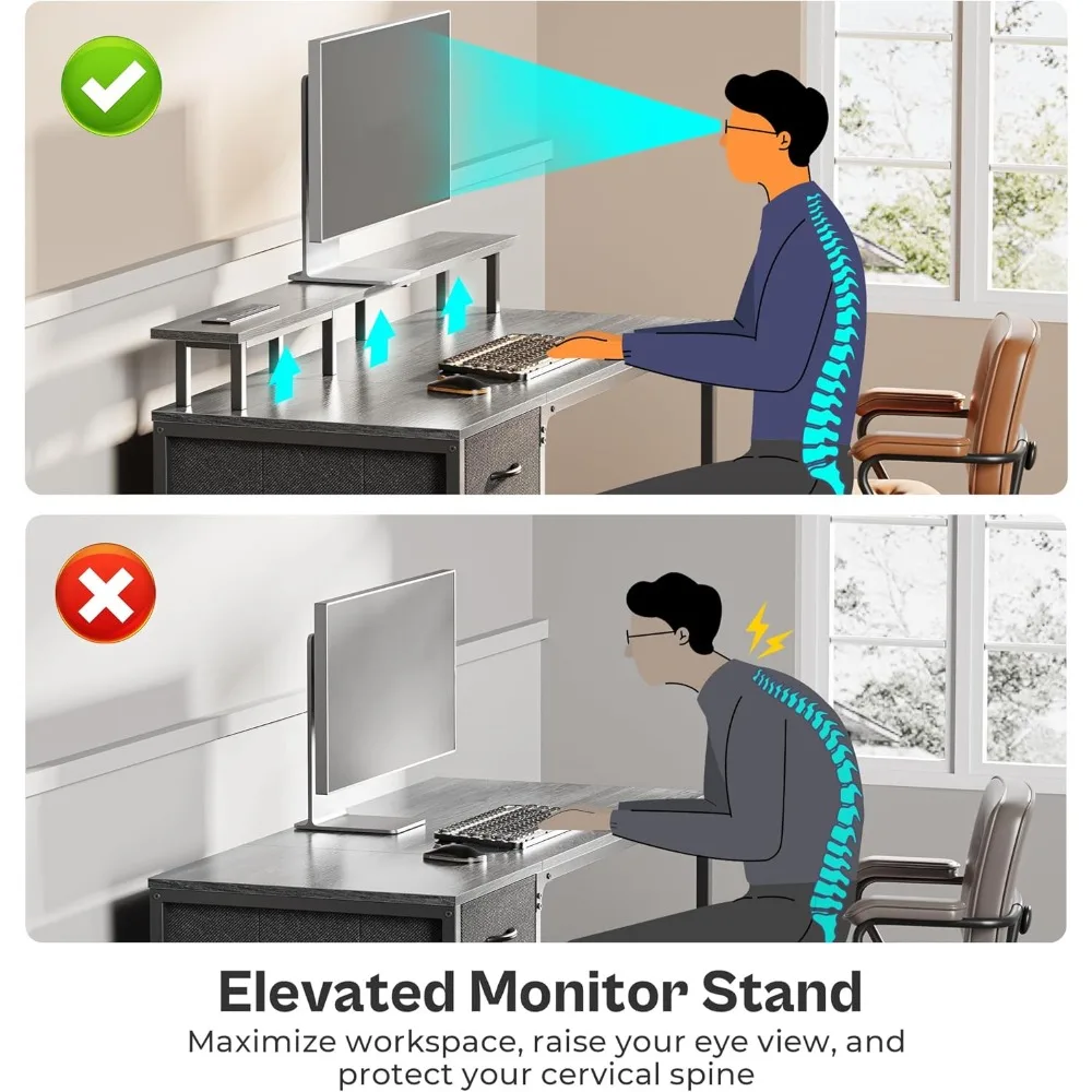 47 Inch Gaming and Office Computer Desk with 4 Drawers, LED Lights, Monitor Stand, Power Outlets, Ergonomic Design