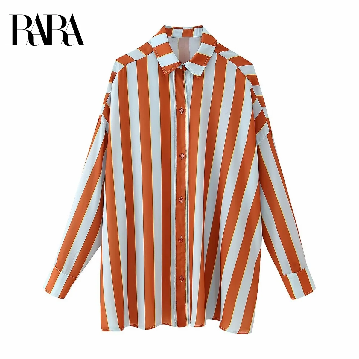 

RARA Women's Summer New Contrast Color Stripe Decorated Casual Loose Collared 3/4 Lantern Sleeve Mid Length Striped Shirt Jacket