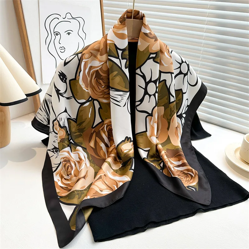 New Fashion Hijab Scarf Square Flower Print 90X90cm Luxury Brand Wrap Shawl Head Foulard Women Scarves Accessories Model Tie Bag