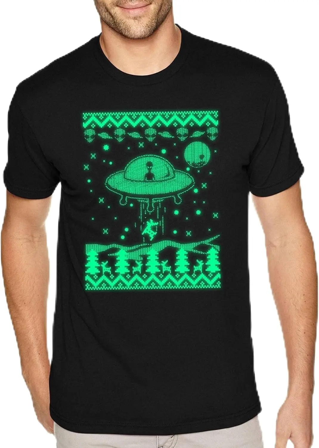 Men's Alien UFO Reindeer Glow Dark Crewneck Short Sleeve T-Shirt