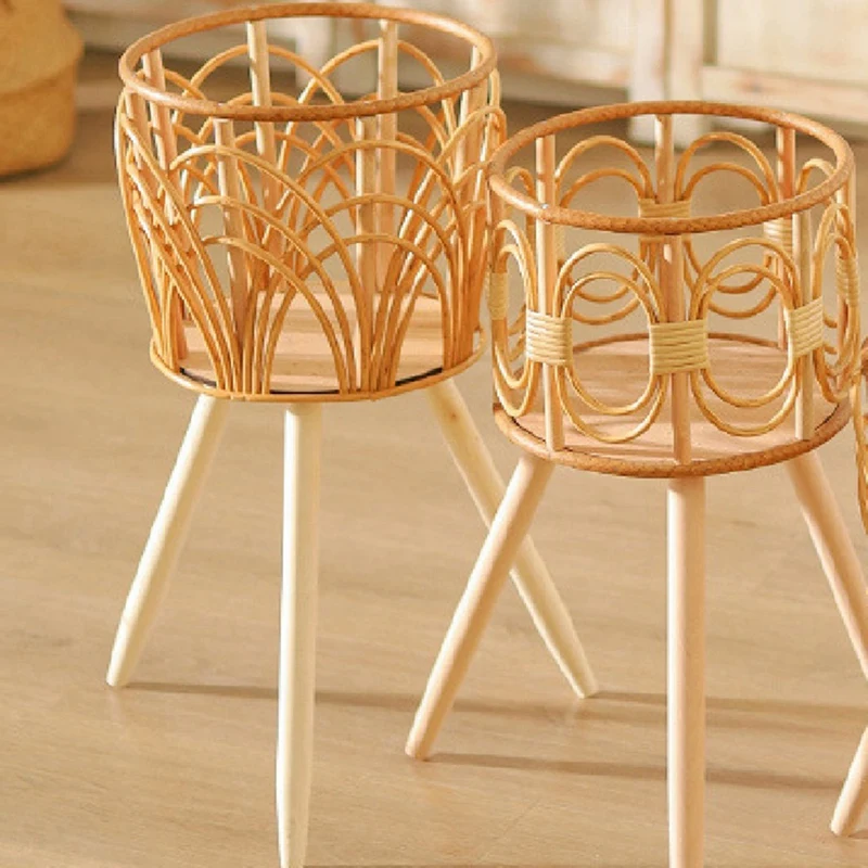 Rattan Indoor Plant Stand Straw Woven Flowers Pot Holder Stool With Legs Floor Planter Baskets Rack Wooden Plant Shelf