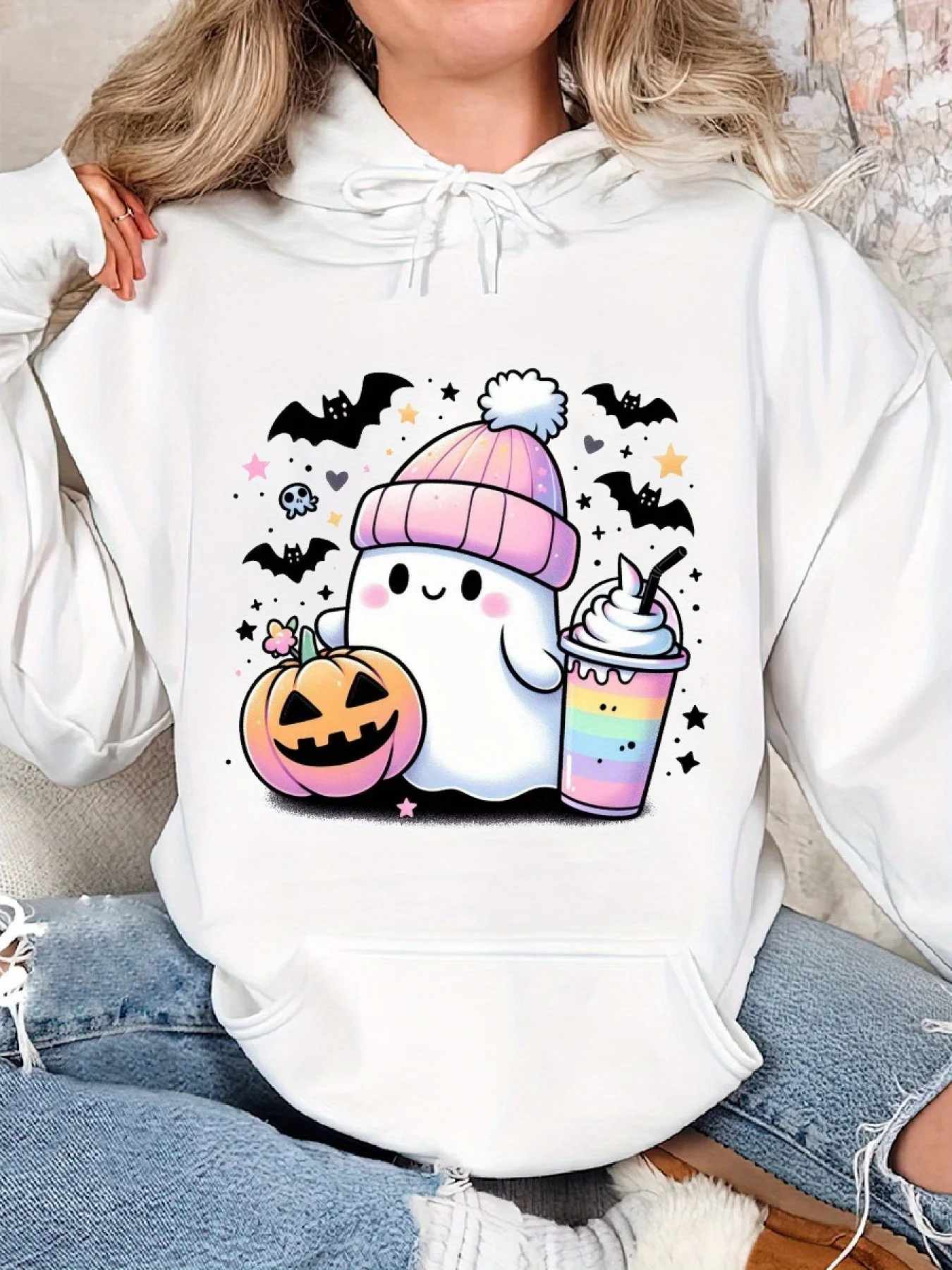 Women's Hooded Sweatshirt with Halloween Pattern Printed Casual Sportswear and Drawstring Long Sleeved Autumn Winter Clothing