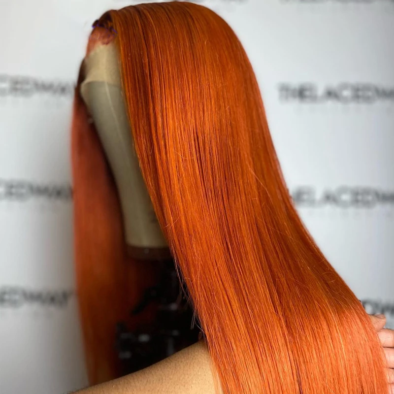 Peluca larga y suave de encaje frontal para mujer, pelo de bebé, naranja, sedoso, resistente al calor, sin pegamento, 180% de densidad, 26 pulgadas