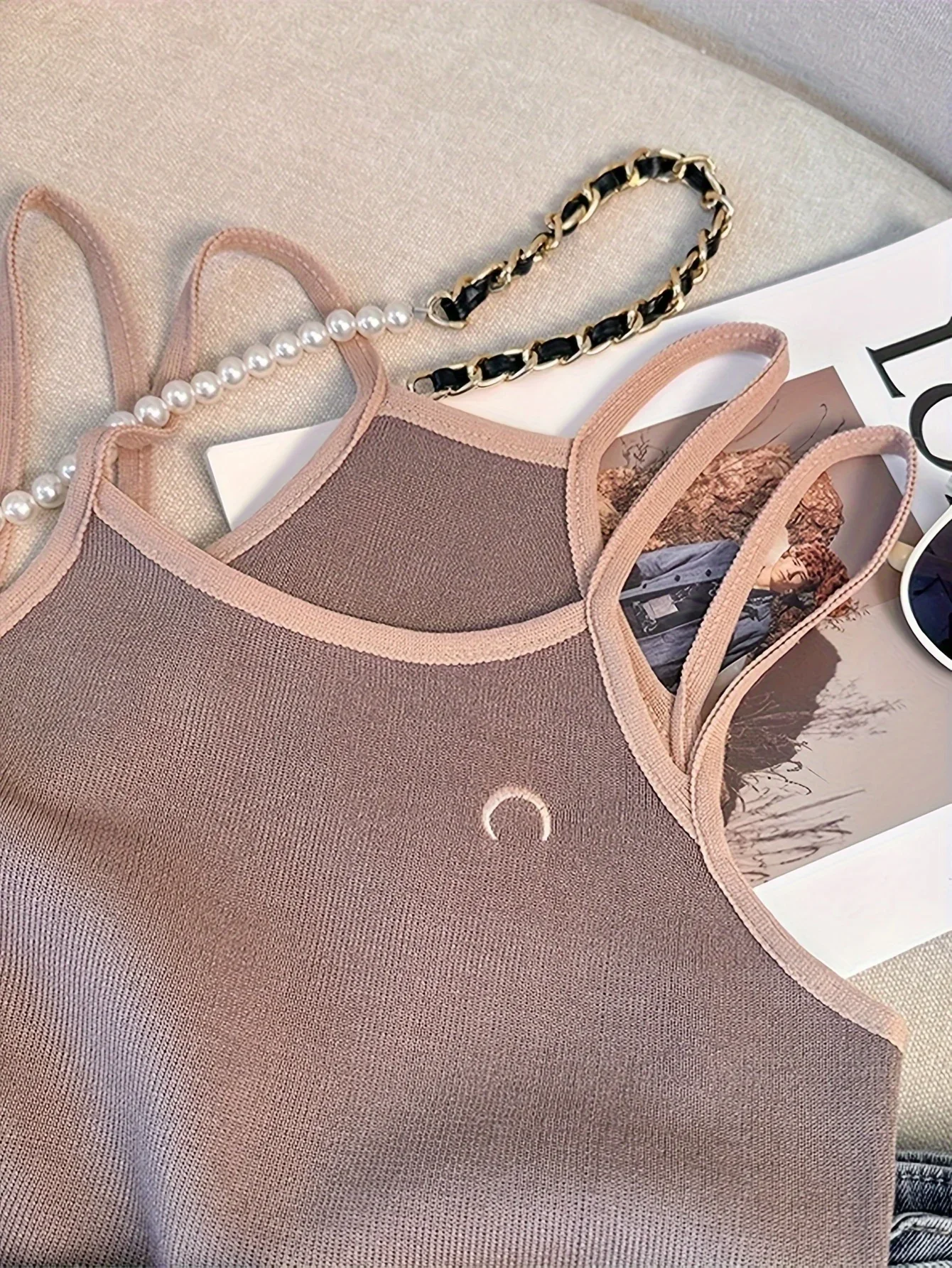 Contrast Color top con doble correa para el hombro verano casual camisola sin mangas Top corto para ropa de mujer