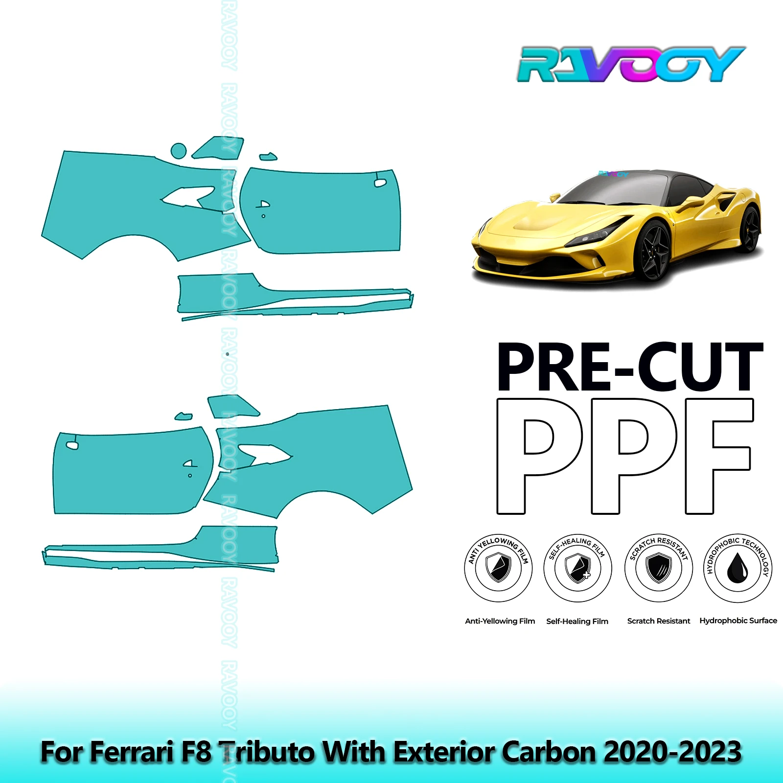 

For Ferrari F8 Tributo With Exterior Carbon 2020-2023 8.5mil Pre-Cut PPF Door & A/B Pillar Kit TPU Paint Protection Film Set