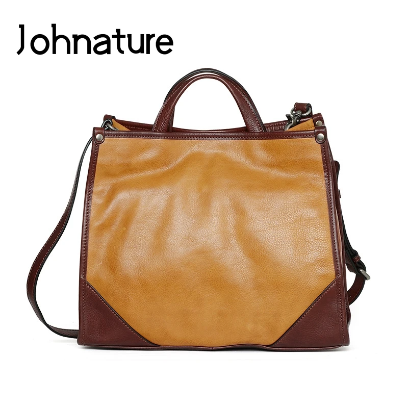 

Johnature Genuine Leather Tote Bag 2024 New Luxury Handbags Women Bags Designer Vintage Large Capacity Cowhide Shoulder Bags