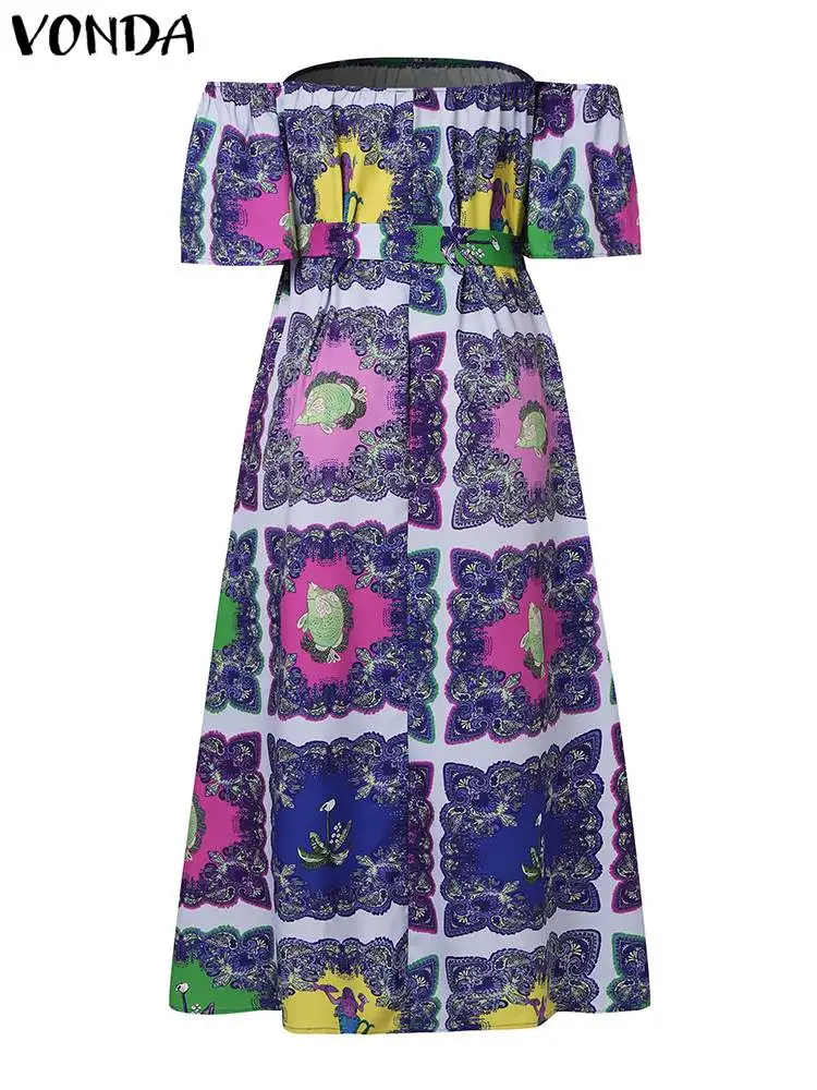 2024 Letnia długa sukienka letnia VONDA Sexy Off Shoulder Bohemian Maxi Dress Women Printed Elegant Short Sleeve Beach Vestidos Belted