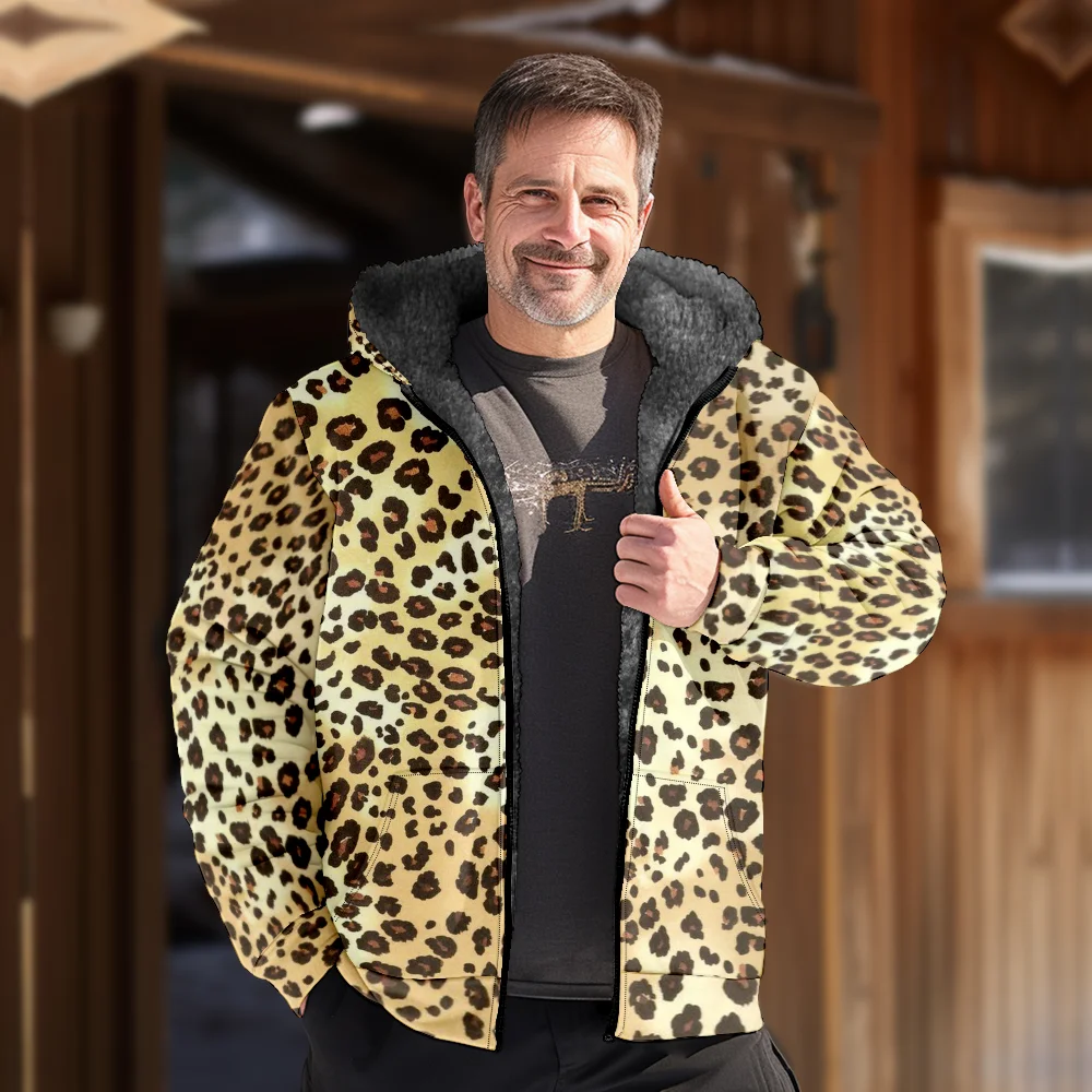 Men's Winter Jackets Coats,Yellow Leopard Pattern Cotton Clothes Overcoat Sporty Chic Traveling