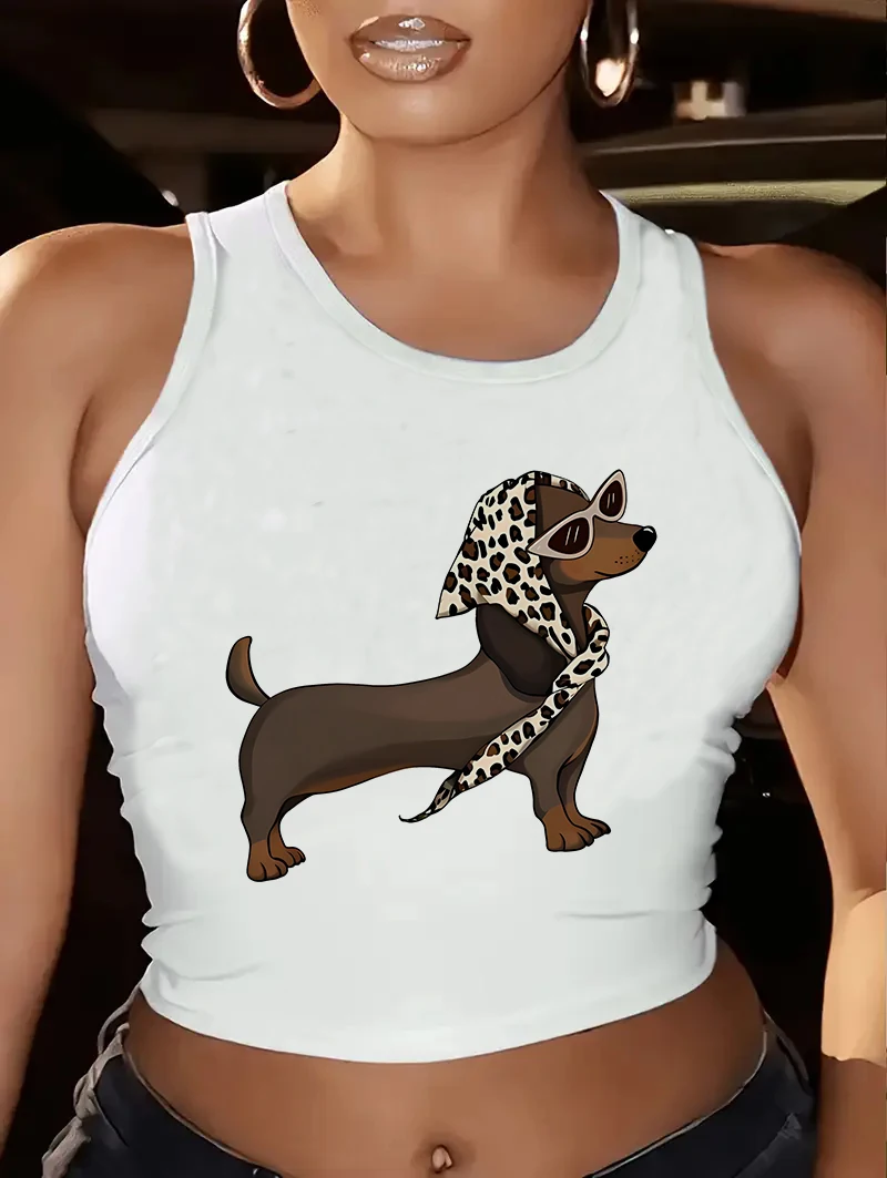 90er-Jahre-Dackel-Print, grafisches Crop-Tanktop, Weste für Damen, Y2K-Retro, abgeschnittenes, geometrisches Animal-Print, ärmelloses, lässiges Top