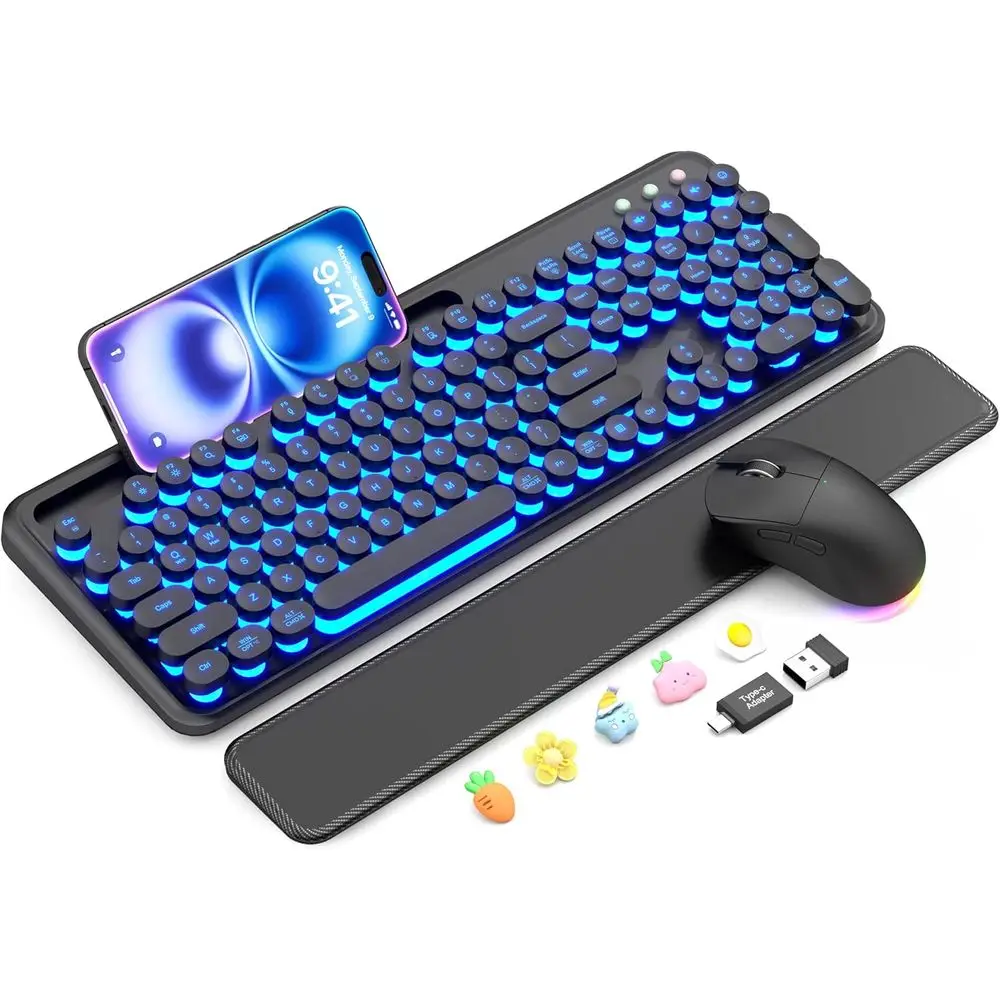 Backlit Typewriter Keyboard and Mouse Set with Magnetic Wrist Rest and Phone Holder, 2.4GHz Wireless for Windows PC and Laptop
