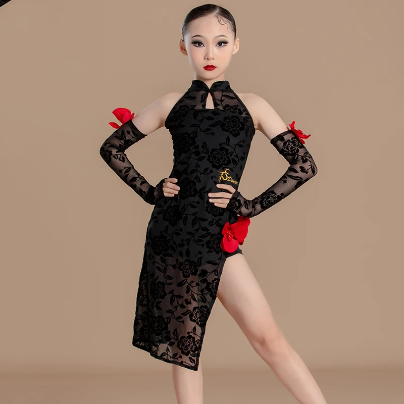 Latin Dance Practice Suit National Standard Dance Dress For Girls Lace Black Slit Dress Chinese Style Chacha Latin Wear DN18092