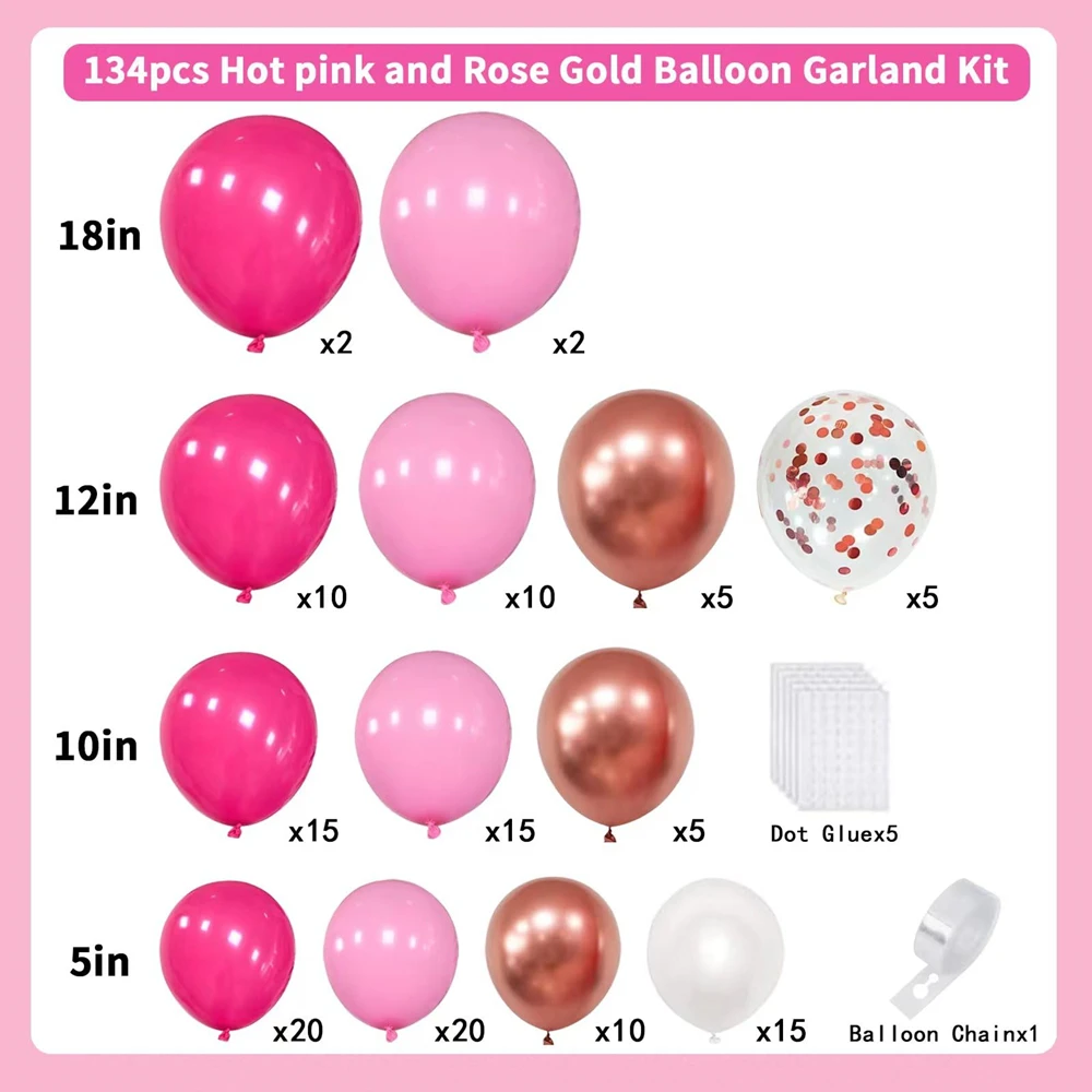 134pcs Hot Pink Metallic Rose Gold Confetti Latex Balloons Garland Arch Kit for Baby Shower Wedding Party Decorations