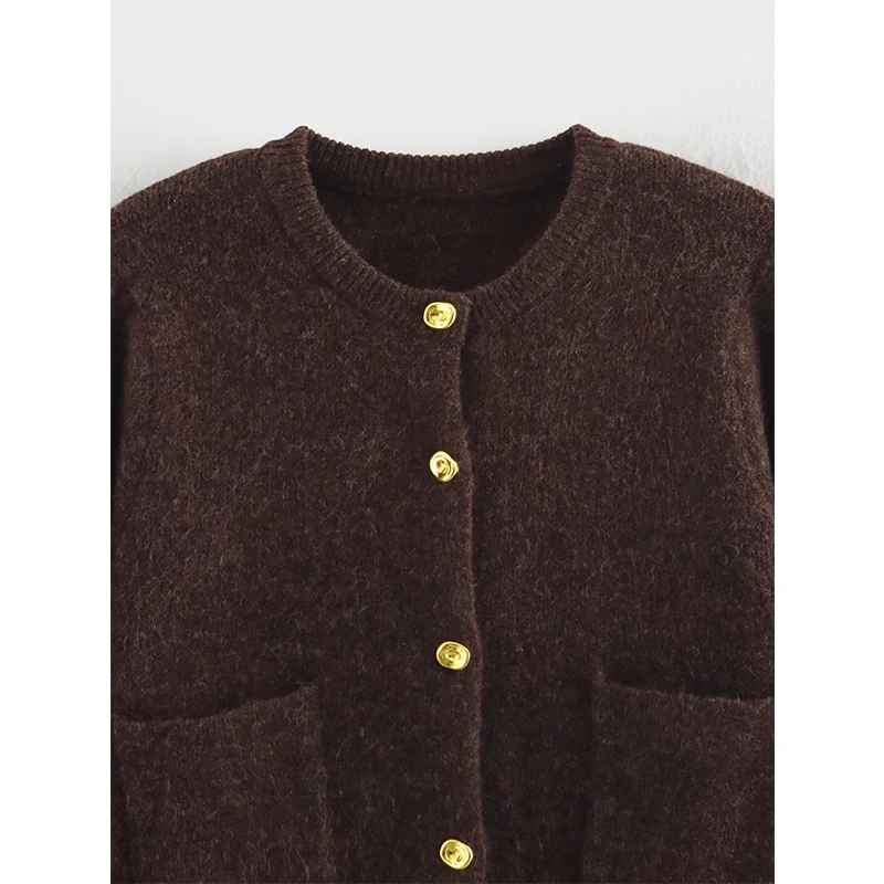YENKYE 2025 Women Single Breasted Knit Cardigan Long Sleeve O Neck With Pockets Spring Jacket  Female Elegant Brown Coat