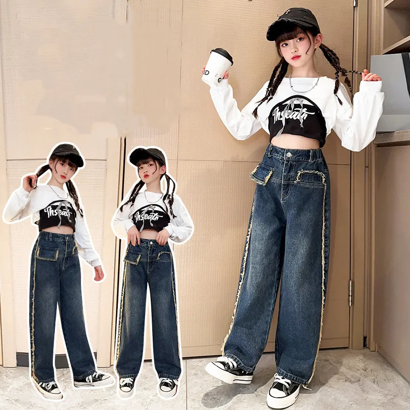 

Fashion Spring Streetwear Suit for Girl Letter Print Crop Top + Casual Raw Edge Design Wide Leg Pant 2pcs Teen Clothes Set 4-14Y