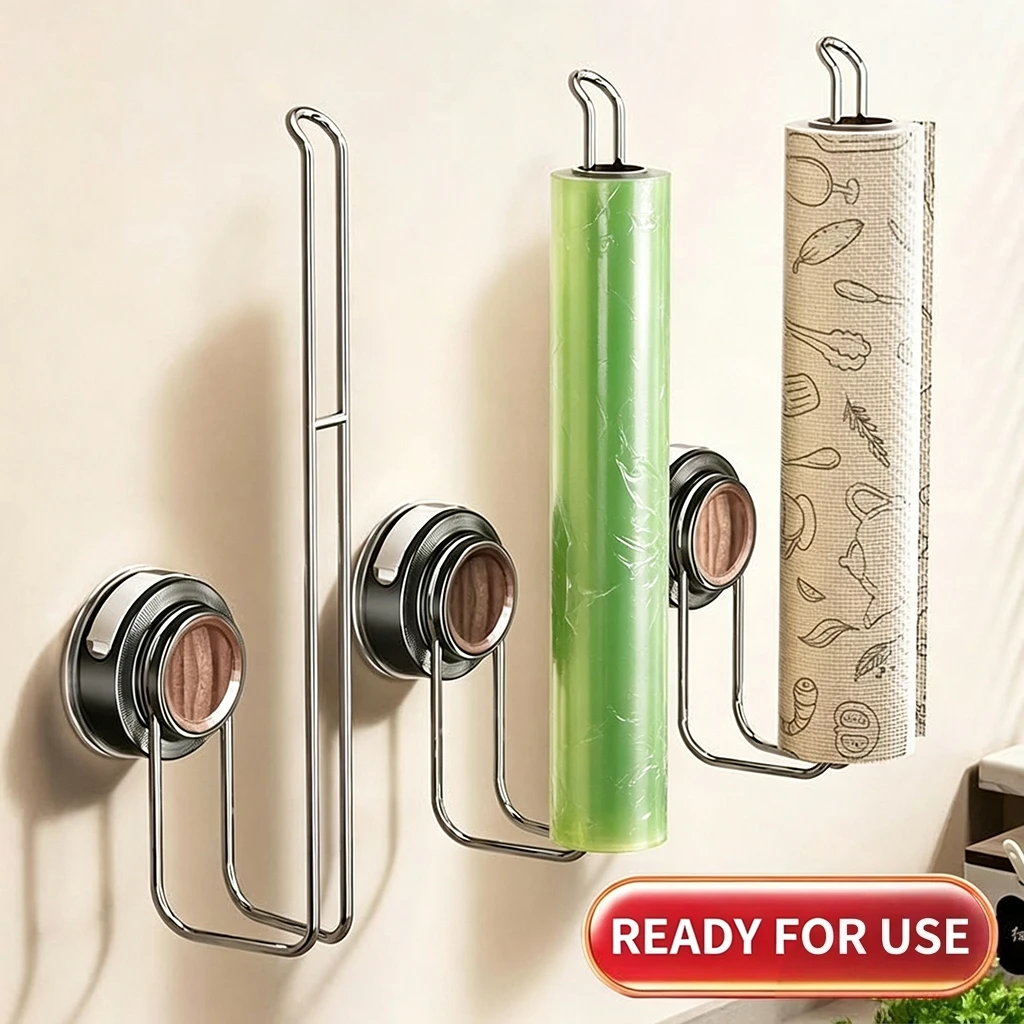 Cling Film Holder Walnut-Wood Grain Roll Rack Vacuum Suction Mount for Kitchen Wall Plastic Wrap Foil Organizer Durable