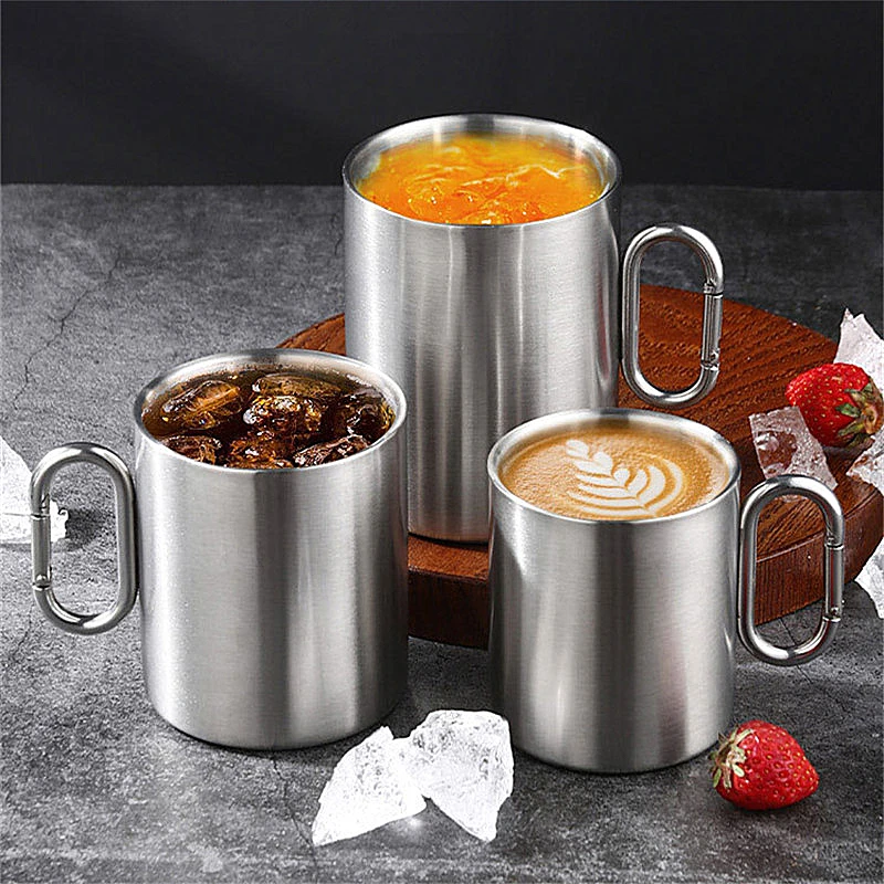 

Thickened Outdoor Camping Beer Cups Double-Layer Coffee Cold Drinks Mugs Portable Mountaineering Cup with Carabiner Drinkware