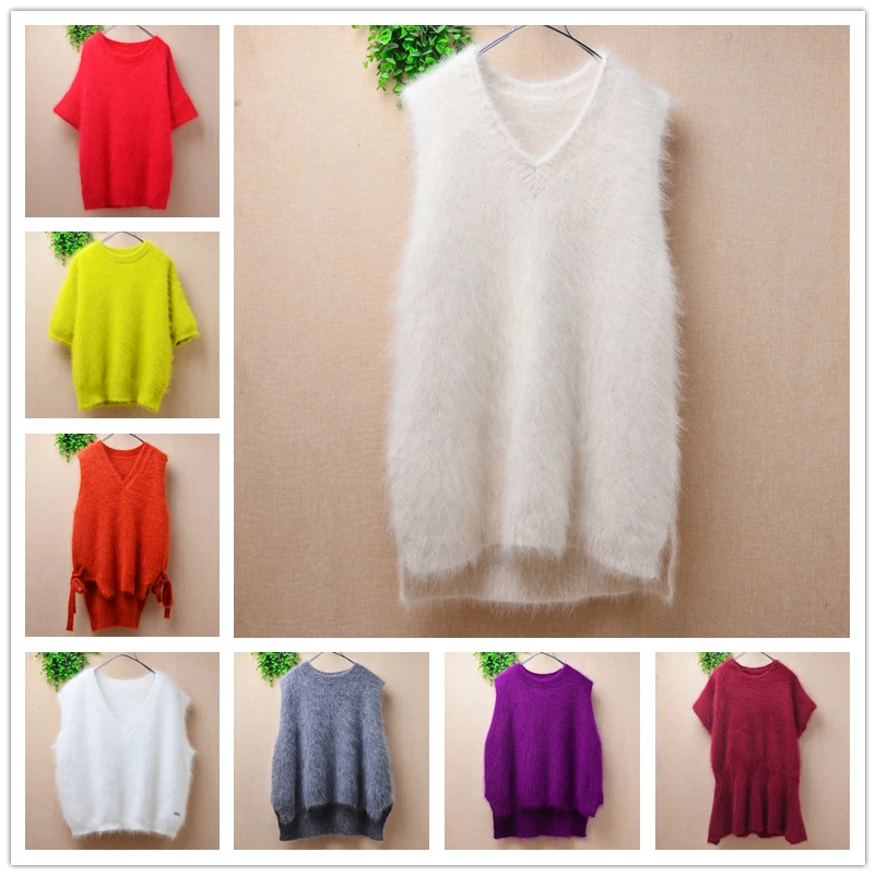 Ladies Women Fashion Fall Winter Clothing Hairy Mink Cashmere Knitted Sleeveless O-Neck Loose Pullover Jumper Sweater Vest Tops