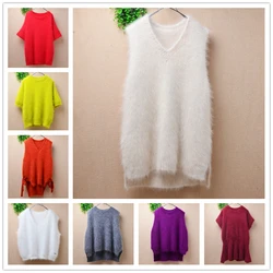 Ladies Women Fashion Fall Winter Clothing Hairy Mink Cashmere Knitted Sleeveless O-Neck Loose Pullover Jumper Sweater Vest Tops