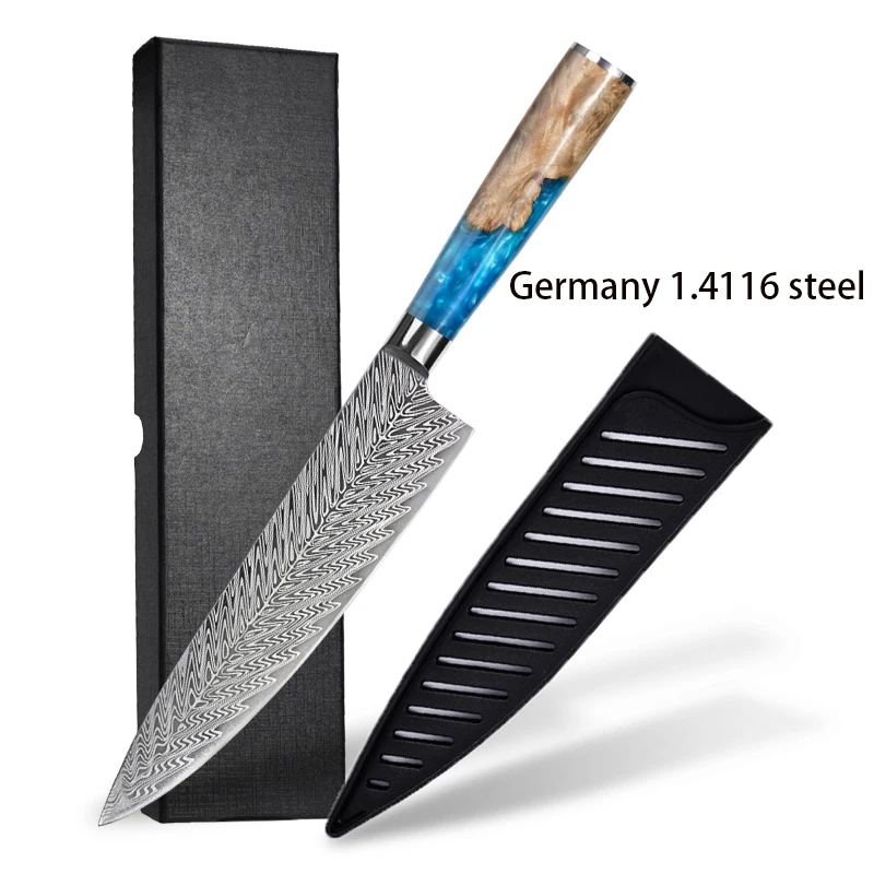 Chefs Cleaver Knife AUS10/ Germany 1.4116 Steel 19.5cm Blade Slicing Laser Pattern Kitchen Knives Resin & Stabilized Wood Handle