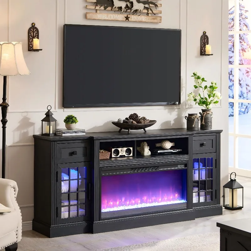 Farmhouse Fireplace TV Stand for 80Inch TV with Crystal Fireplace, Black