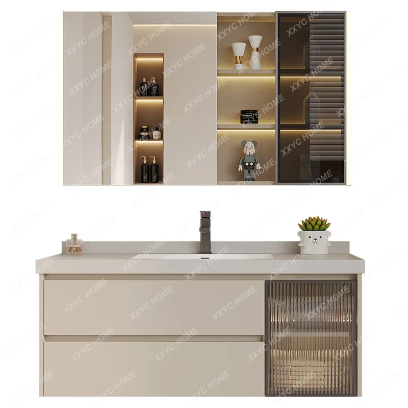 Seamless Spliging Ceramic Basin with Beauty Mirror Cabinet Hand Washing Face Washing Basin Cabinet Bathroom Cabinet Combination