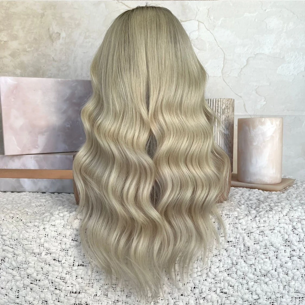 AIMEYA Body Wave Synthetic Lace Front Wig Ombre Blonde Synthetic Lace Wigs for Women Natural Hairline Brown Roots Cosplay Used