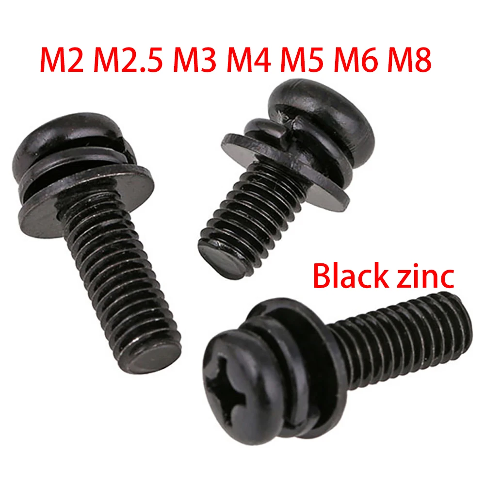 Carbon Steel Black Round Head Phillips Combination Screws M2 M2.5 M3 M4 M5 M6 M8 Cross Pan Head With Shimmed And Spring Pad Bolt