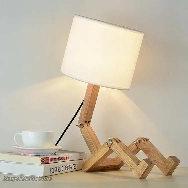 

Wooden Table Lamp for bedroom Robot Shape E27 Lamp Holder Modern Cloth Art Wood Desk Table Lamp Parlor Indoor Study Night Light