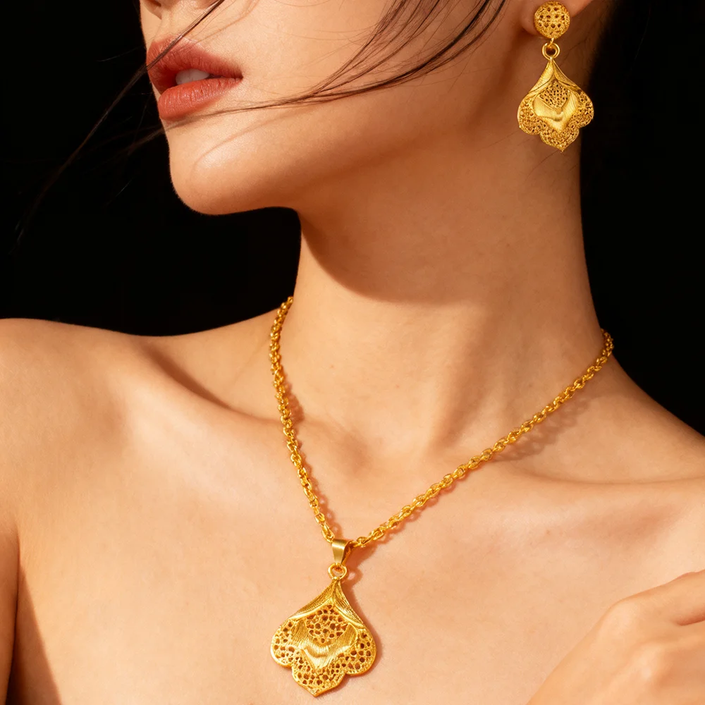 Dubai 18K Goldfarbenes Schmuckset für Damen Hochzeit Party Halskette Ohrringe Sets Indisches Schmuckset Kostenloser Versand Großhandel – Detail 16