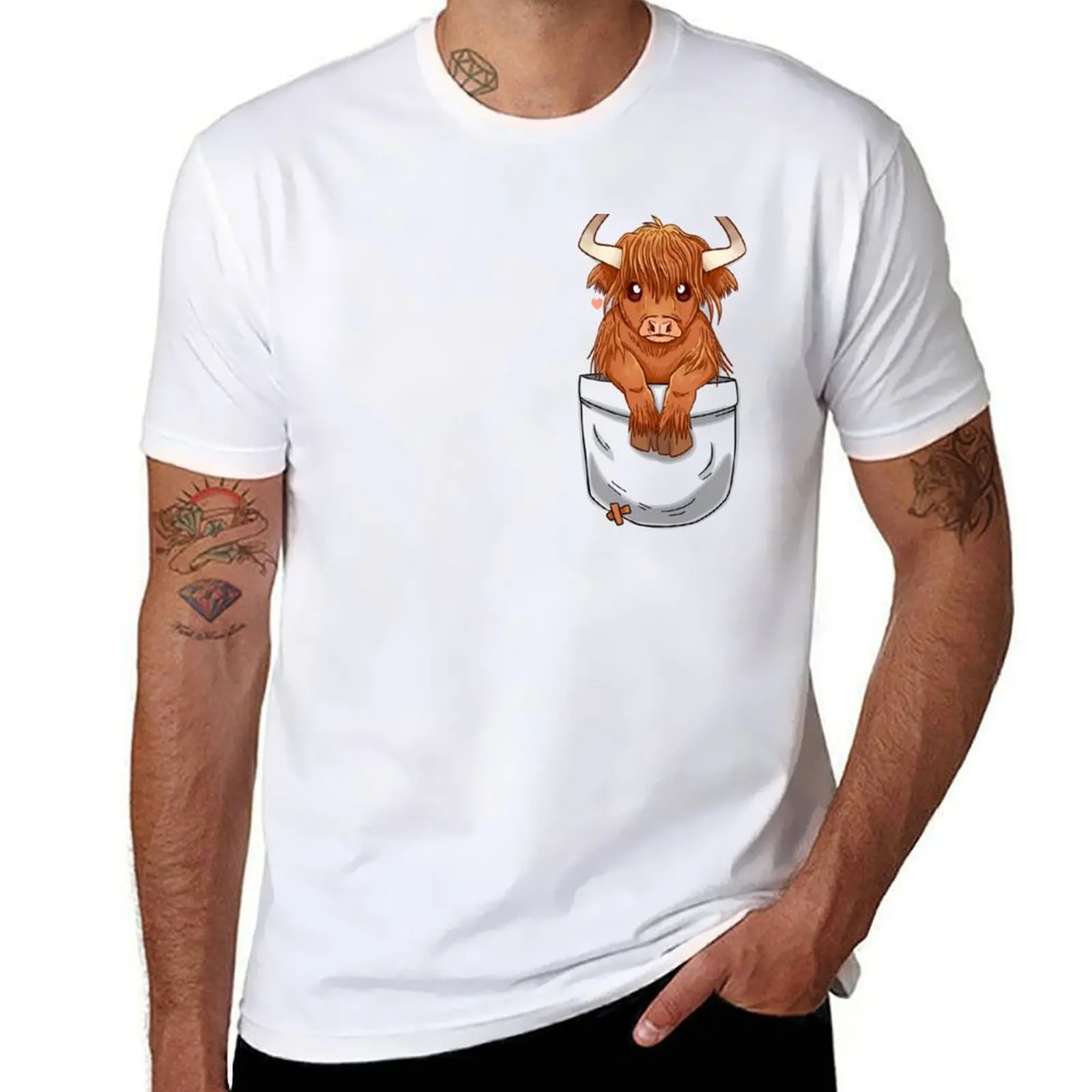 

Pocket Cute Scottish Highland Cow T-Shirt man t shirts graphic t shirt for man 100 percent cotton T-Shirt