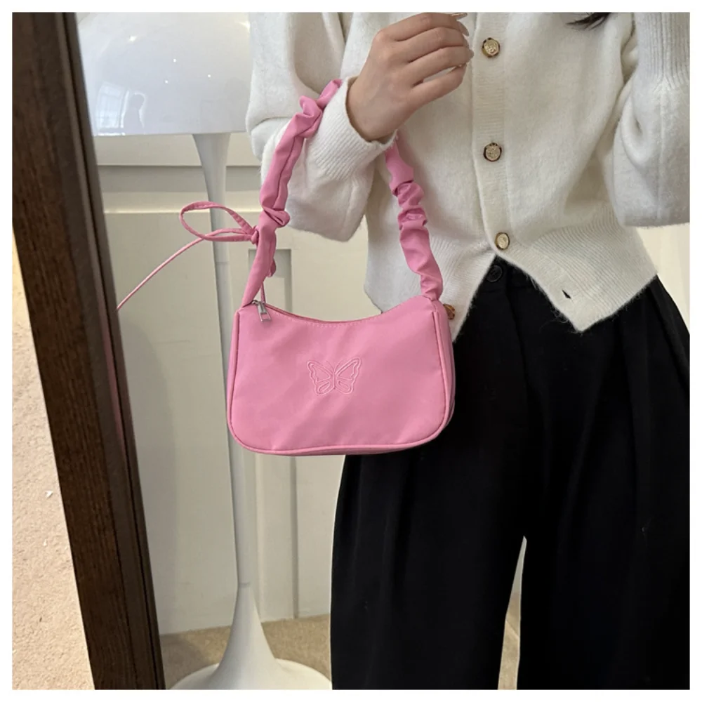 Embroidery Bowknot Butterfly Shoulder Bag Y2k-Style Ruffle Handle Nylon Bow Tote Bag Makeup Lipstick Bag Handbag New