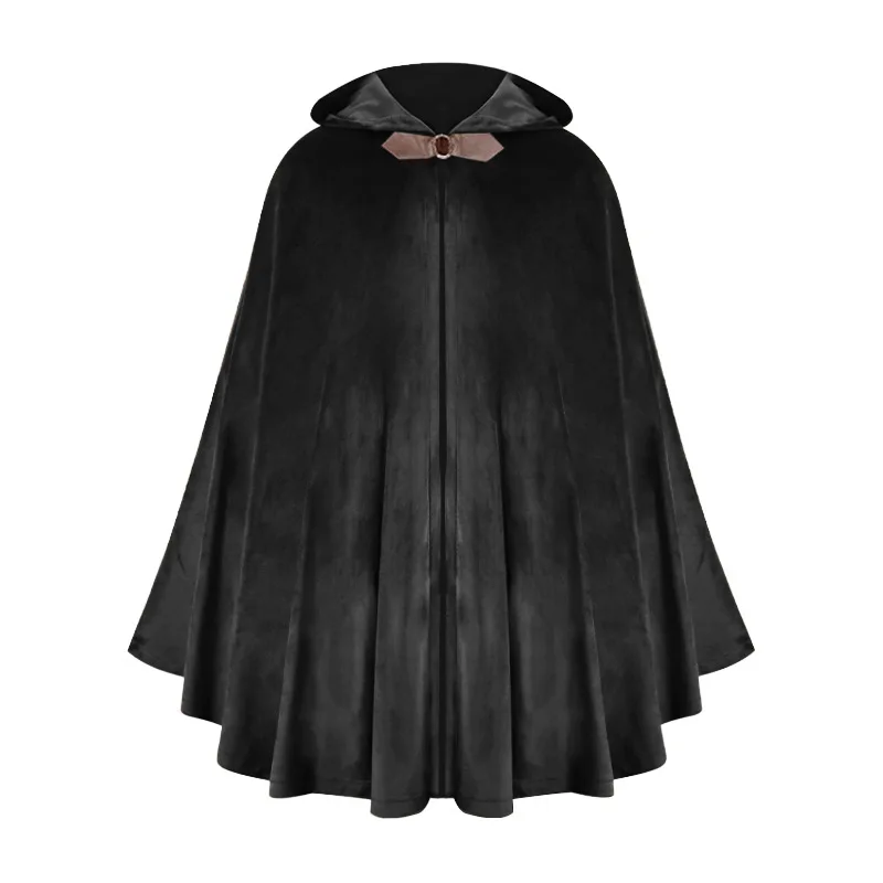 Men's Velvet Cloak with Hood, Renaissance Medieval Hooded Cloak for Women, Halloween Hood Cape with Metal Loop Clasp view 5