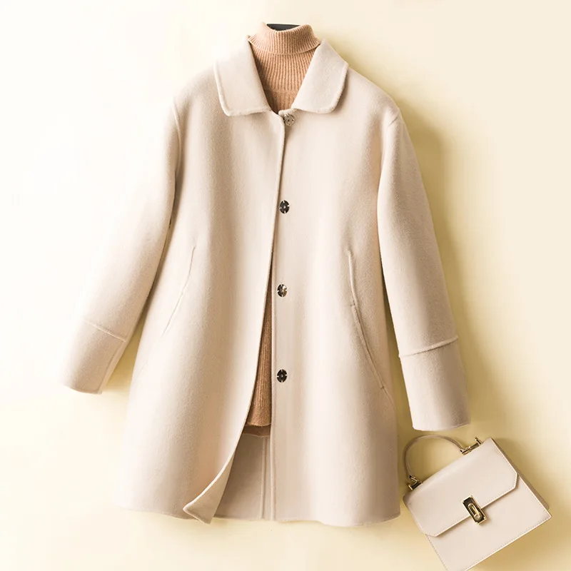 

Promotion 2023 Autumn/Winter Double sided Cashmere Coat Women's Mid length Doll Neck Slim Fit Small Pure Wool Coat