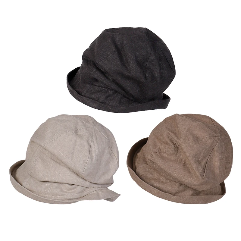 Topi baskom Linen longgar tahan Uv musim panas dengan pinggiran kecil topi katun organik katun desain Jepang topi nelayan wanita berlipat