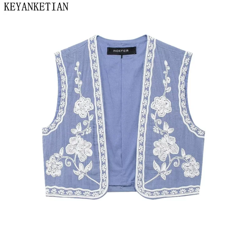 Keyanketian 2024 Nieuw Geborduurd Vest Voor Dames Bohemian Vakantie Windblauw Dun Mouwloos Crop Top Vest Vintage Korte Jas