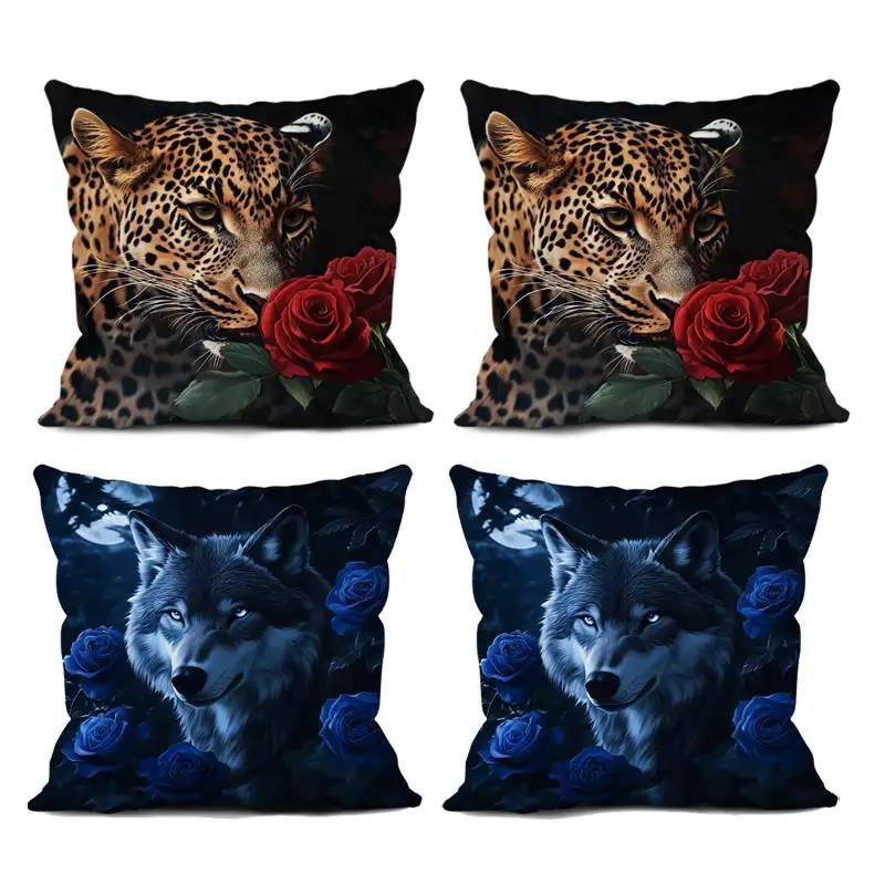 1pcs/1 Pair Fashion Rose Leopard And Blue Rose Wolf Animals Portrait Painting Cushion Covers Decorative Pillows Case Home Decor