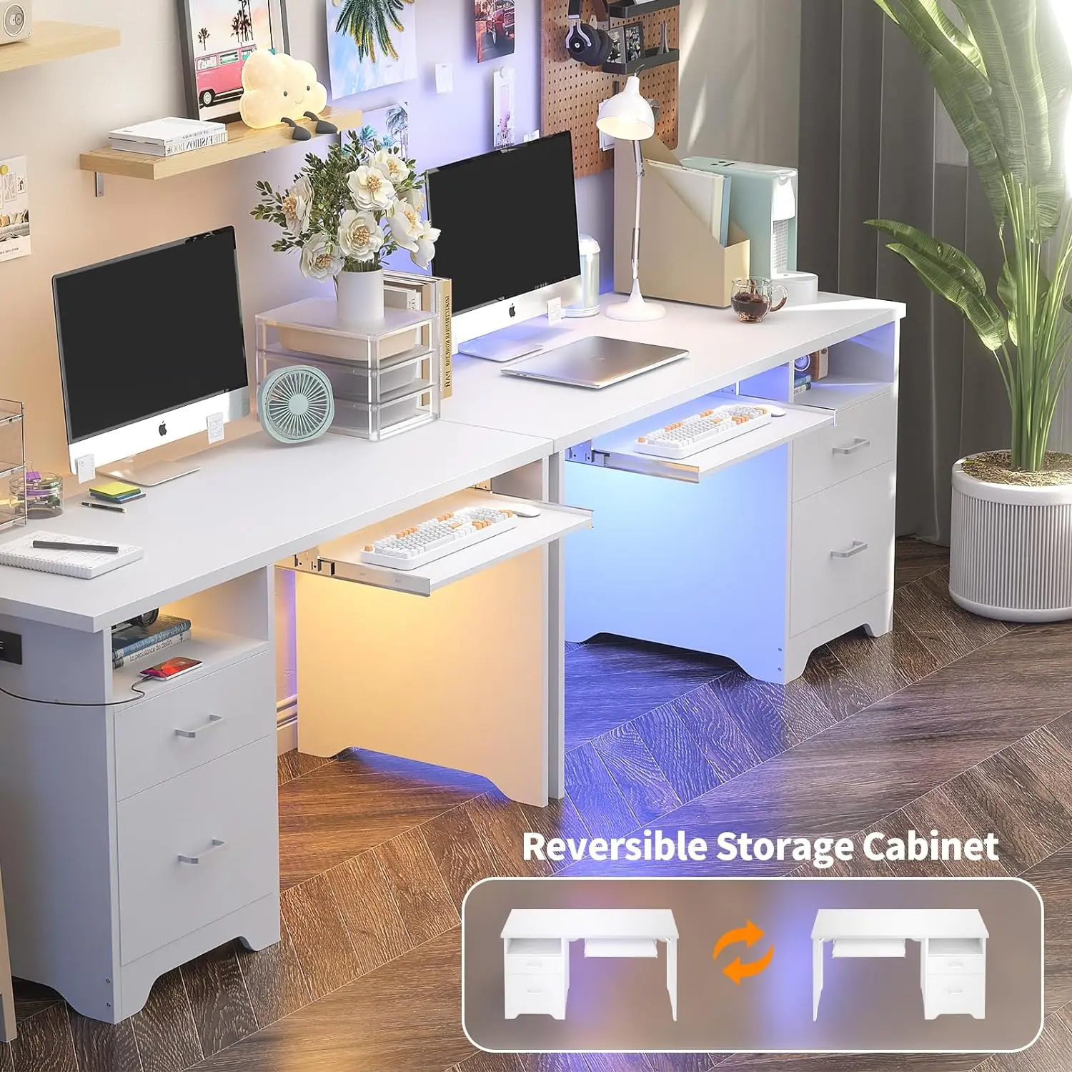 Reversible Computer Desk with File Drawers, 55 Inch Office Desk with RGB LED Light and Power Outlet, Sturdy Writing Des