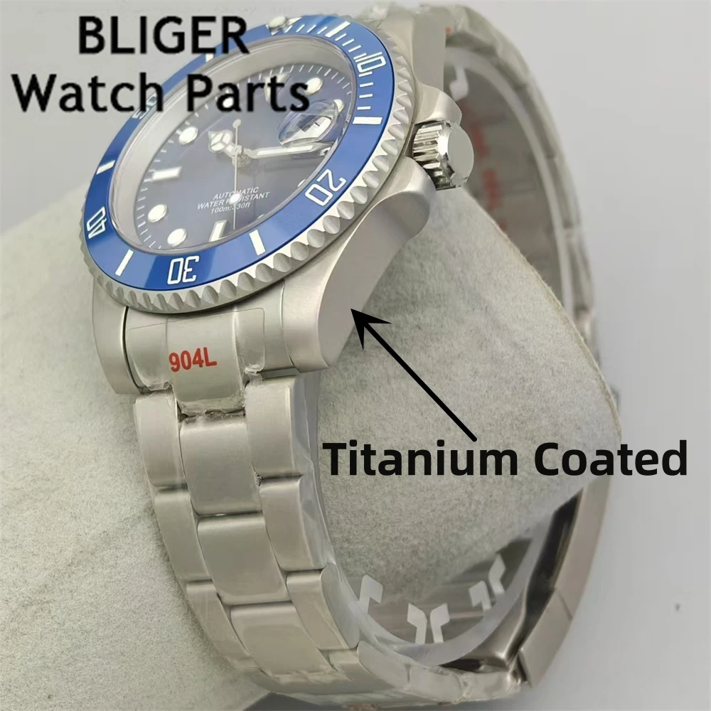 BLIGER 40mm Titanium Coated NH35 Automatic Watch White Black Blue Green Dial Sapphire Glass Green Luminous Steel Case Bracelet