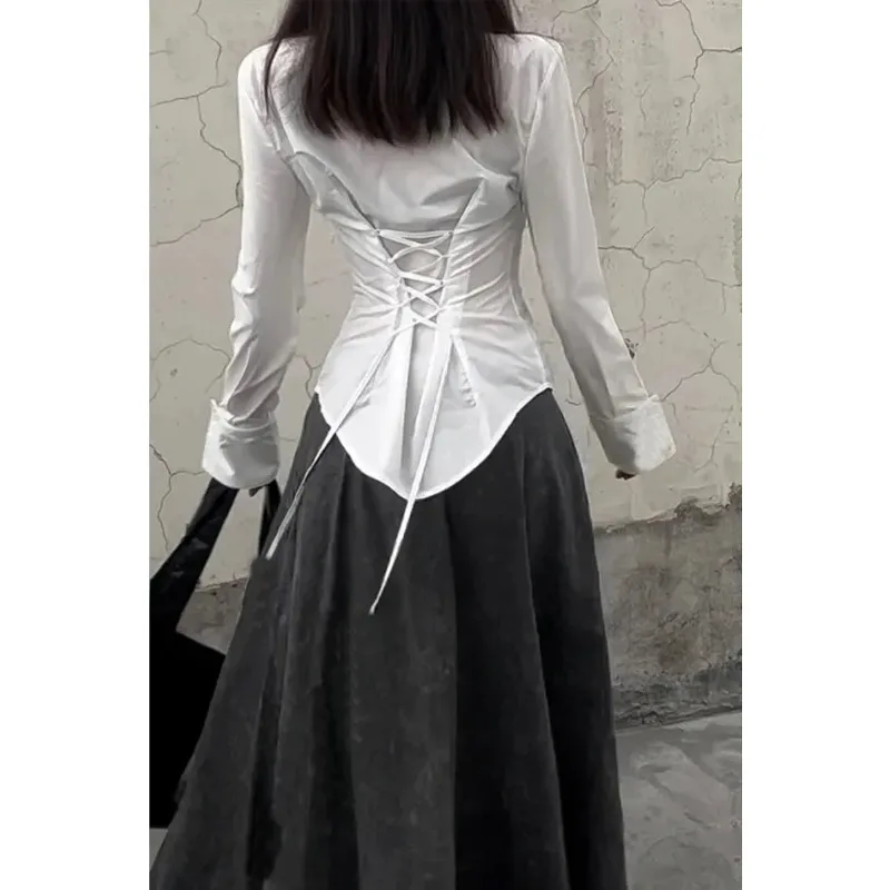 Camisa Corset Blanca para Mujer, Manga Larga, Espalda con Cordones, Corte Ajustado, Blusa Casual