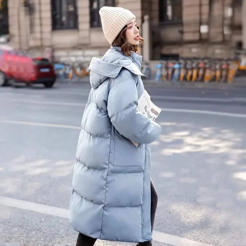 Winter Dames Capuchon Verdikking Puffer Bovenkleding 2024 Vrouwen Over De Knie Naar Beneden Katoenen Jas Dames Lange Stijlen Katoenen Gewatteerde Jas