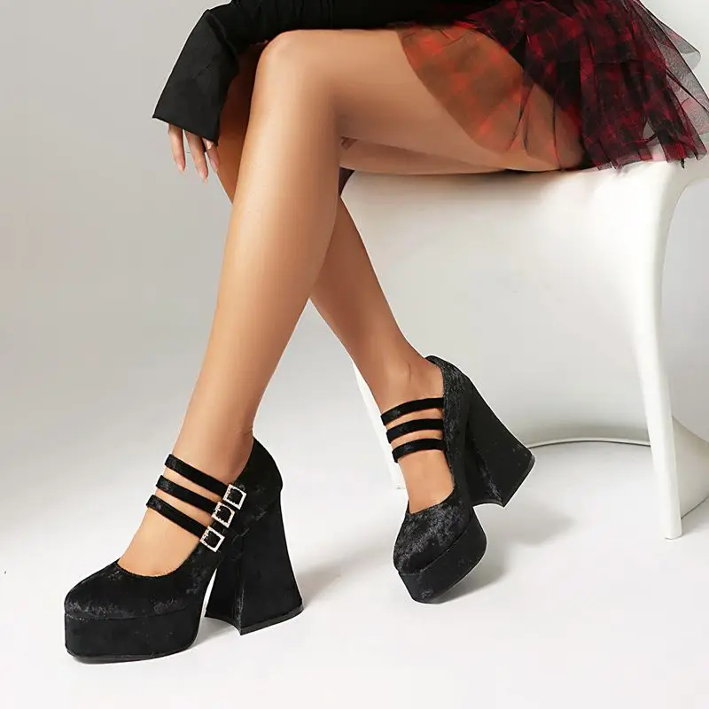 ORCHA LISA Fashion Women's Suede Flock Pumps Round Toe 12cm Block Heel Platform Three Buckles Plus Size 42 43 Party Dating Style